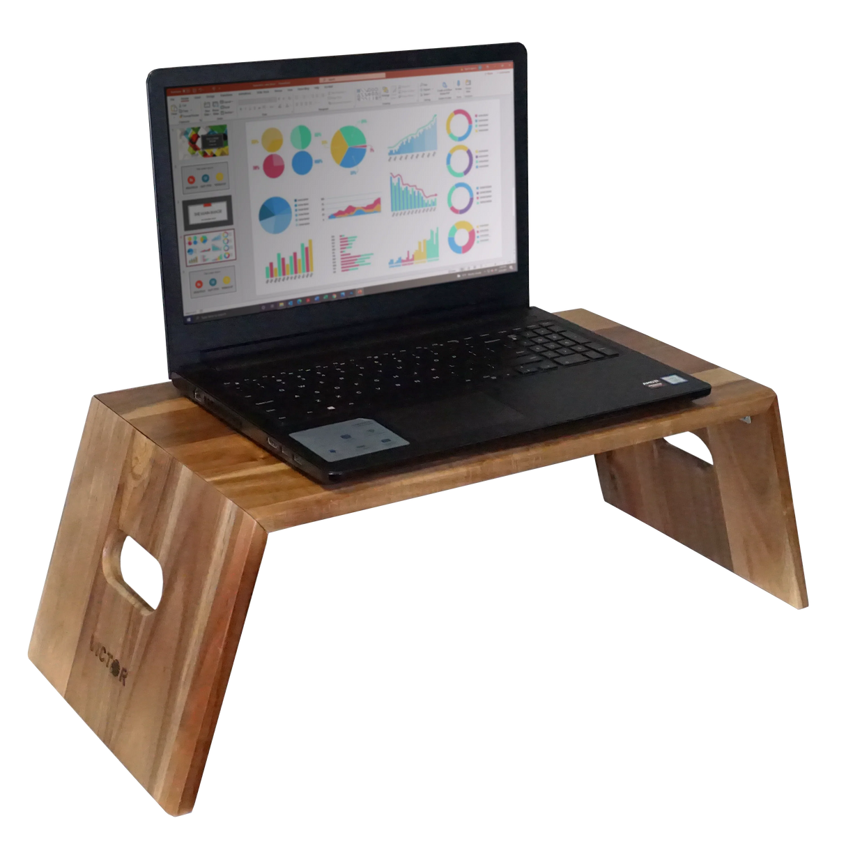 Portable folding acacia wood laptop desk with a black laptop on top