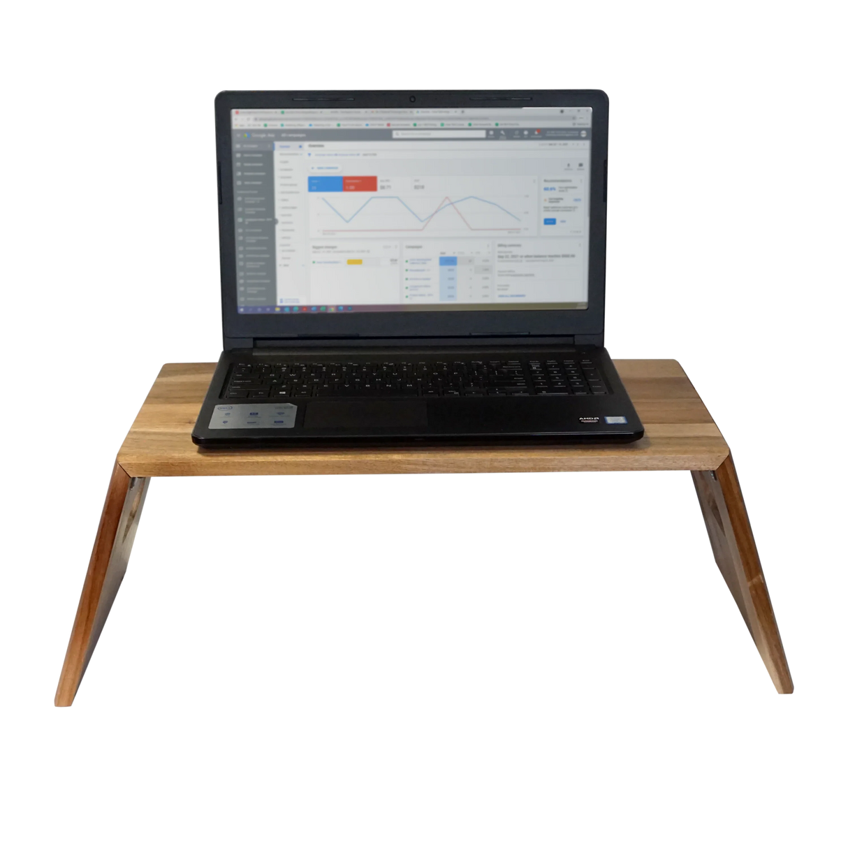 Portable folding acacia wood laptop desk with a laptop on top, home office setup