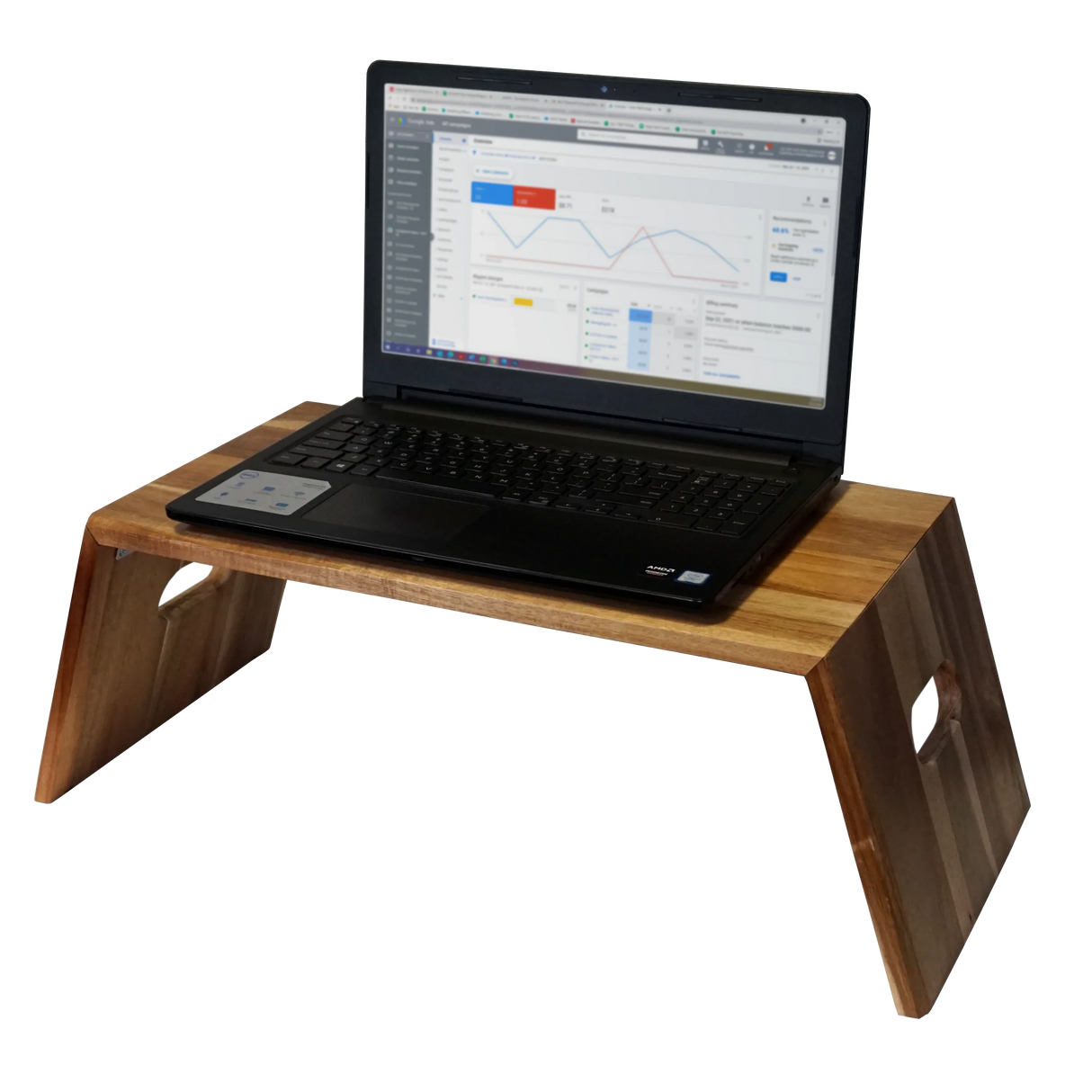 Portable folding acacia wood laptop desk with laptop on top, suitable for home office use