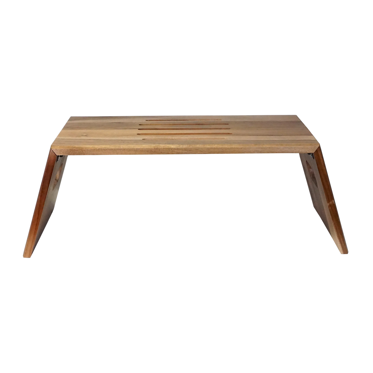 Portable folding acacia wood laptop desk with slotted ventilation and angled legs