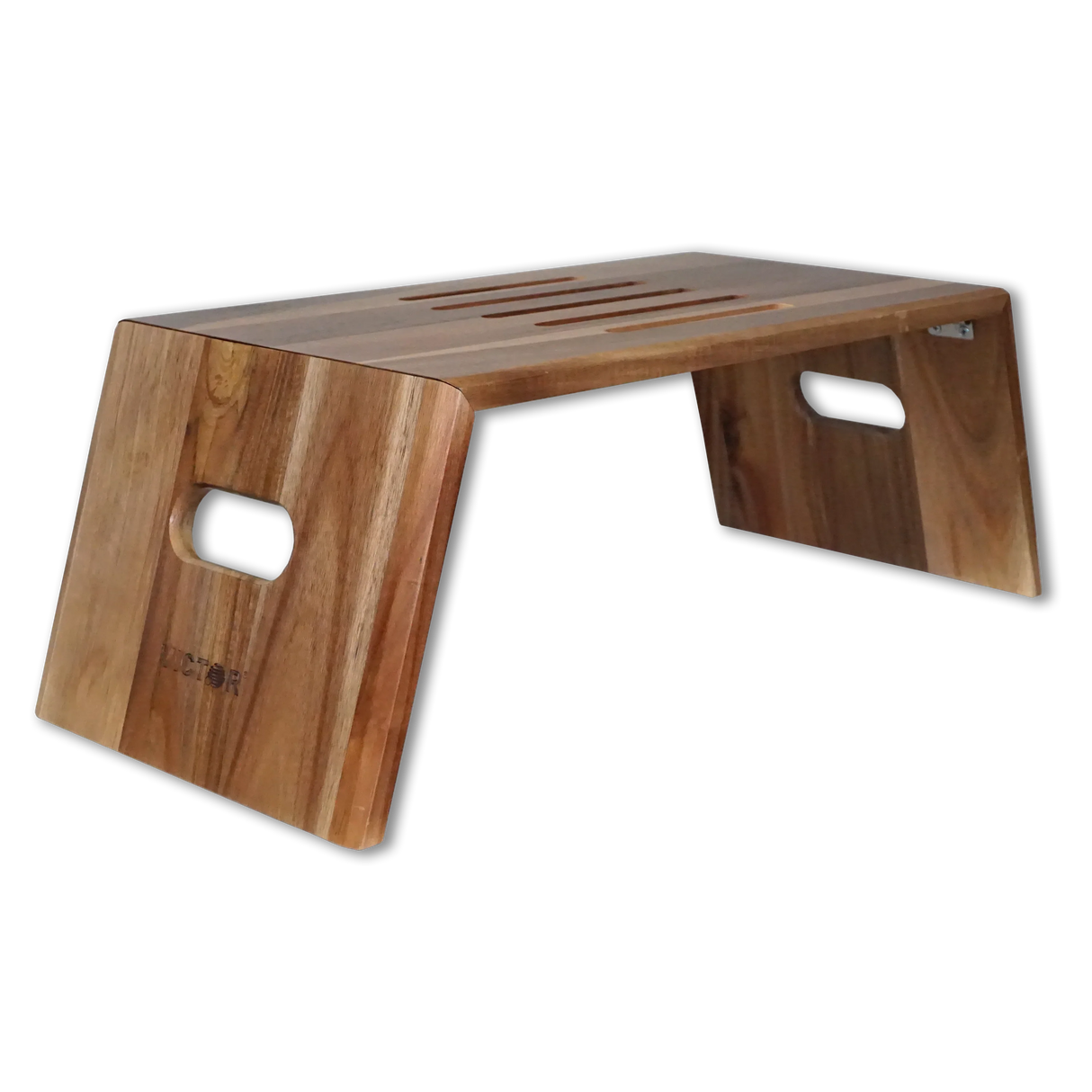 Portable folding acacia wood laptop desk with side handles and ventilation slots