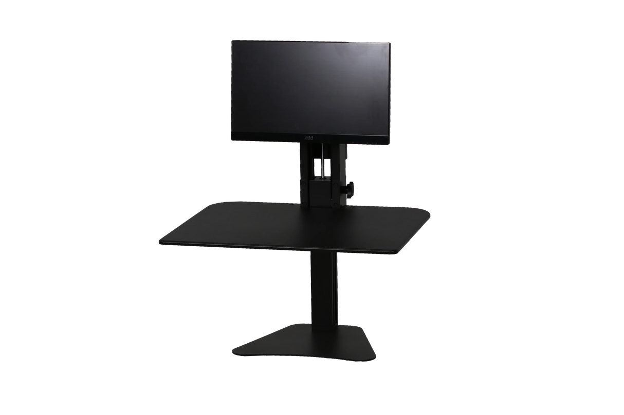 Black high-rise single monitor standing desk with adjustable mount on white background
