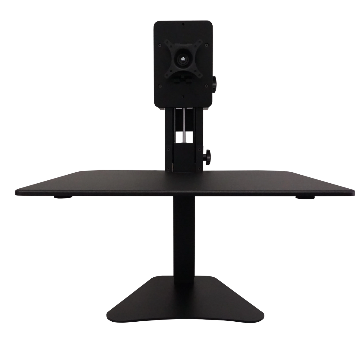 Black high-rise single monitor standing desk with adjustable VESA mount
