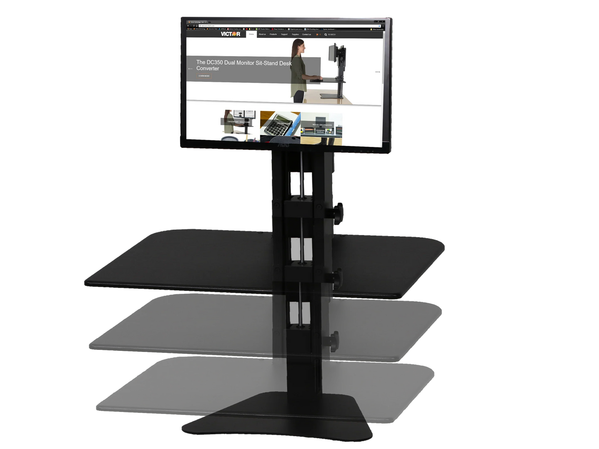 Adjustable single monitor standing desk converter with black platform and ergonomic design