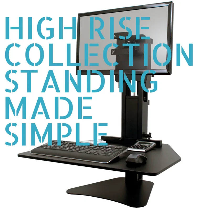 High rise single monitor standing desk with keyboard, mouse, and calculator on adjustable platform
