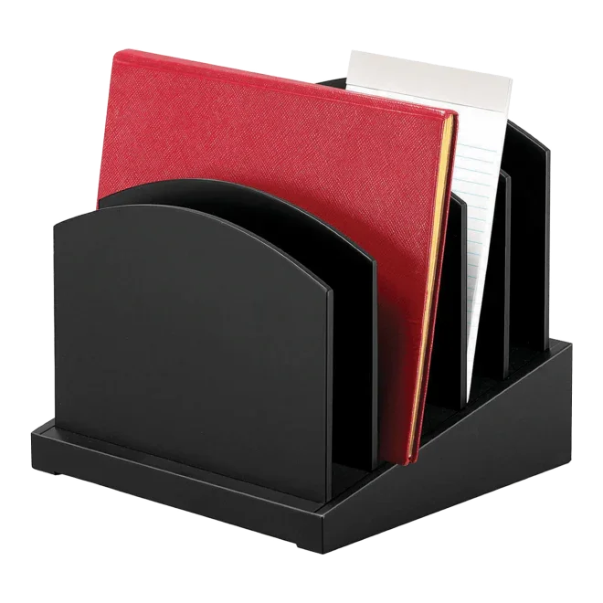 Black incline file sorter desktop organizer holding folders and documents