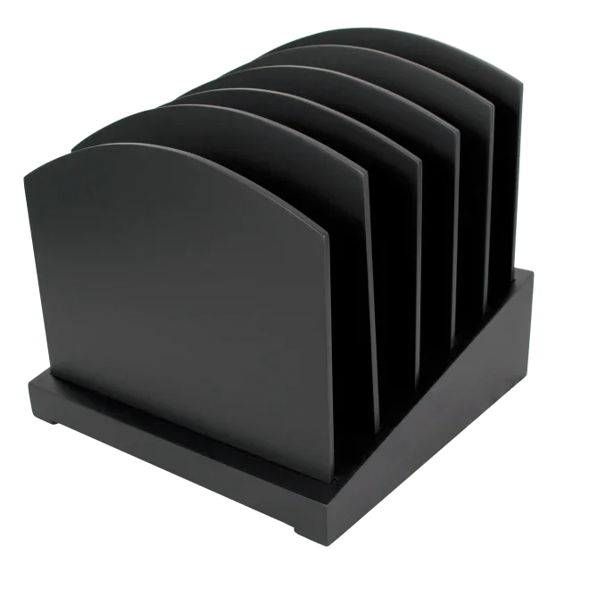 Black desk file sorter with five angled slots for document organization