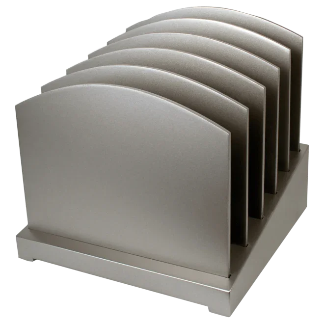 Metal file sorter with six slots for organizing documents on desk
