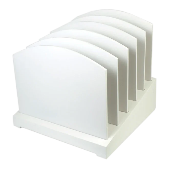 White inclined file sorter desktop organizer with six vertical slots for documents