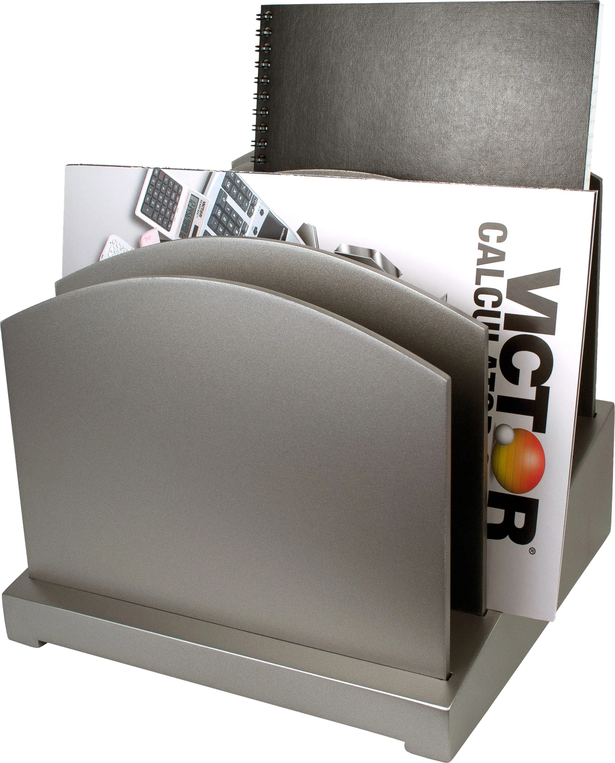 Silver file sorter organizer holding folders, documents, and a spiral notebook