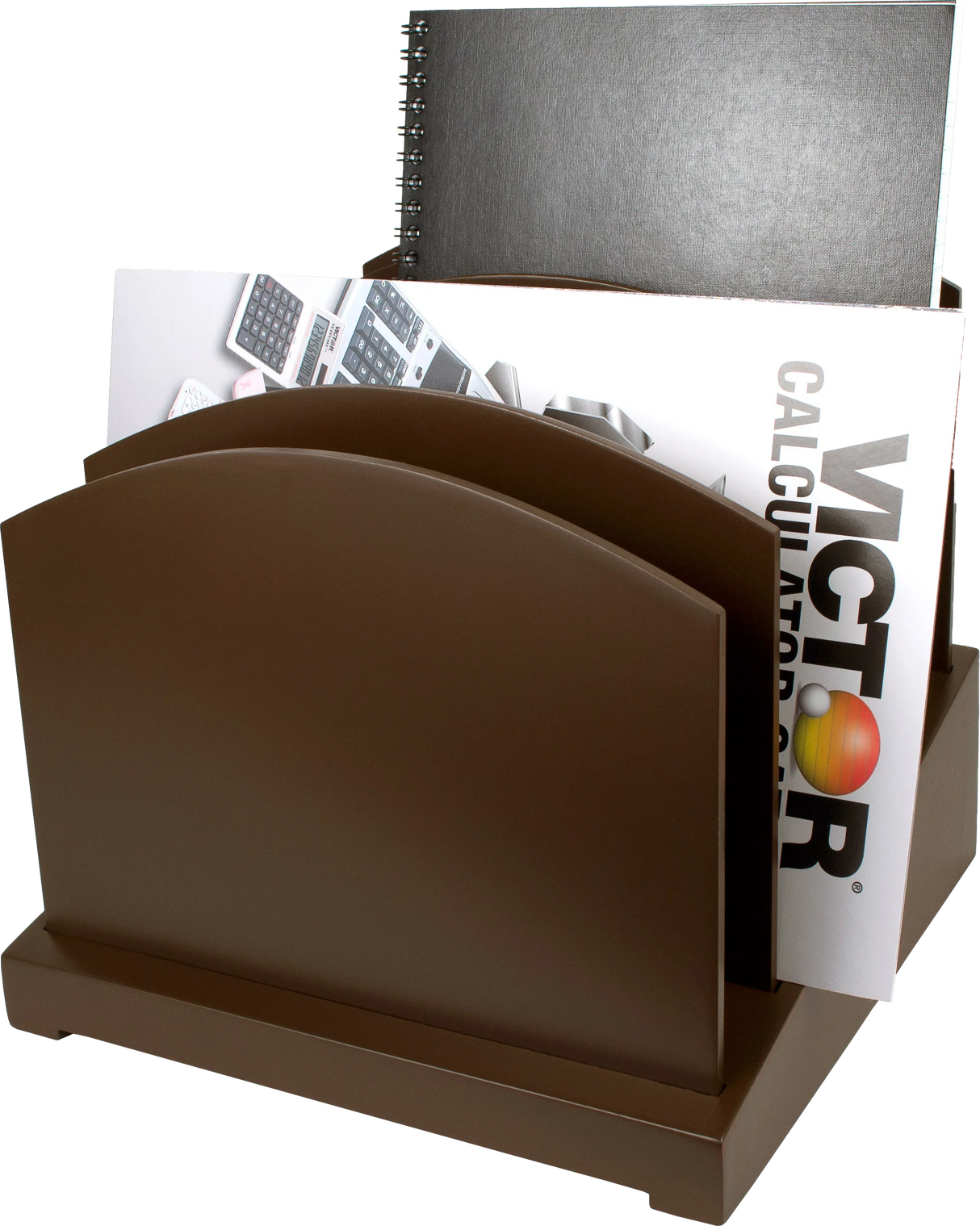 Brown desktop file sorter organizer holding folders and a notebook, ideal for office use