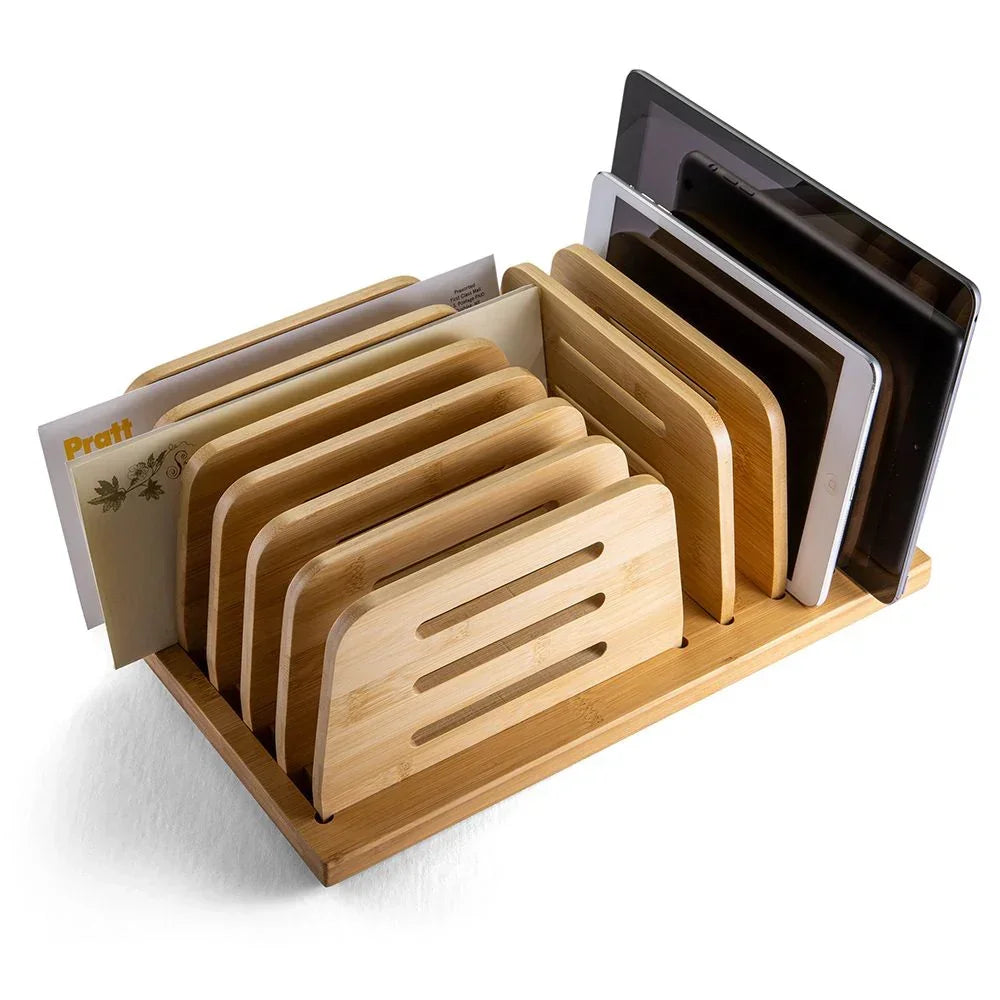 Bamboo document organizer holding tablets and papers for office or school workspace