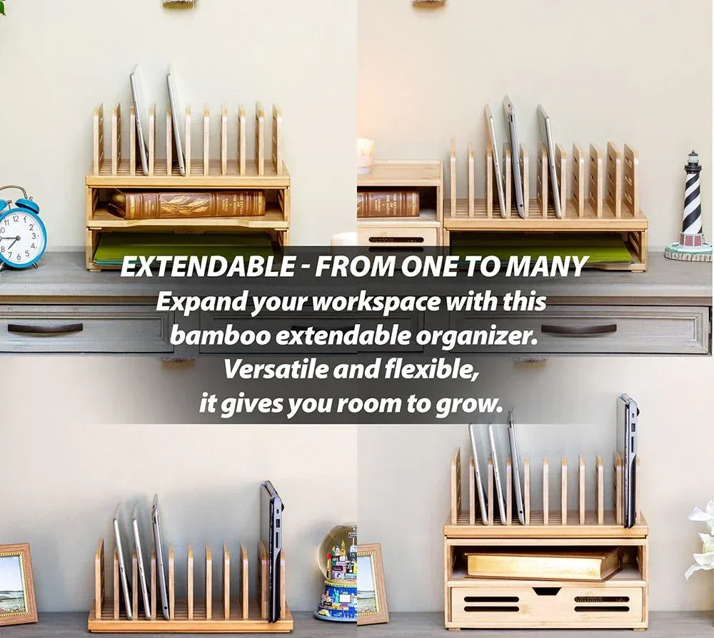 Extendable bamboo organizer for workspace, holding books and tablets, versatile desk storage solution