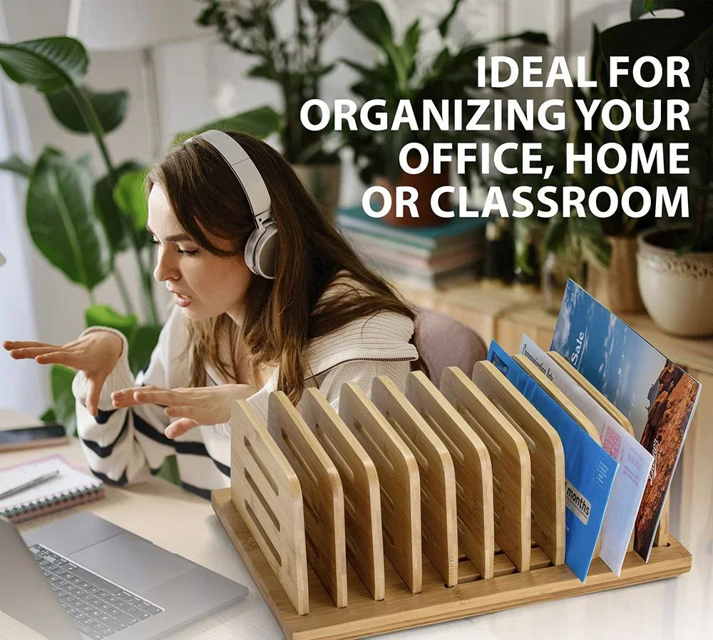 Wooden desk organizer with slots for files, ideal for office, home, or classroom workspace organization