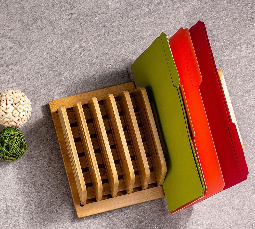 Bamboo file organizer with colorful folders for office or school desk organization
