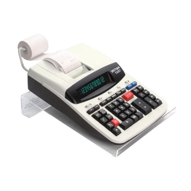 Large desktop calculator with paper roll on an angled ergonomic clear stand