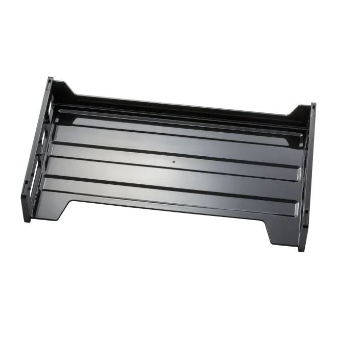 Black plastic letter tray organizer for desk paper storage and office organization