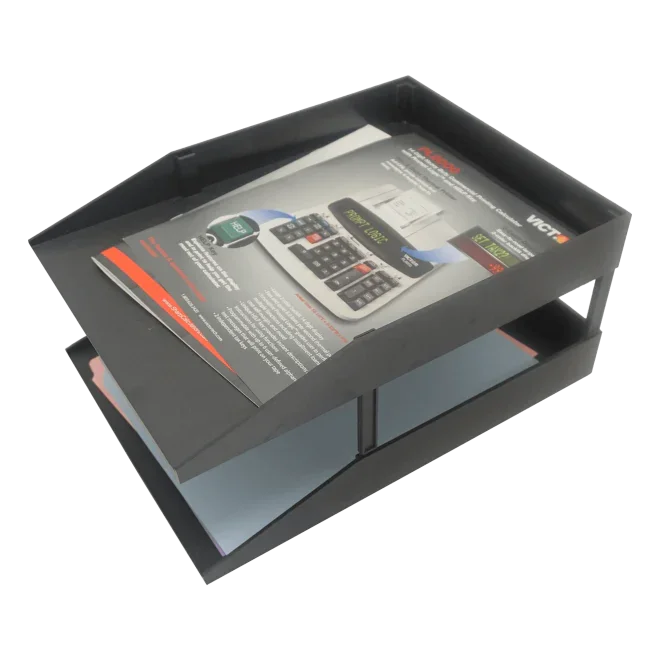 Black two-tier office letter tray with documents, ideal for desktop organization