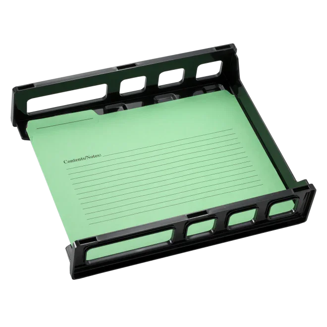 Black plastic letter tray with green file folder for office desk organization
