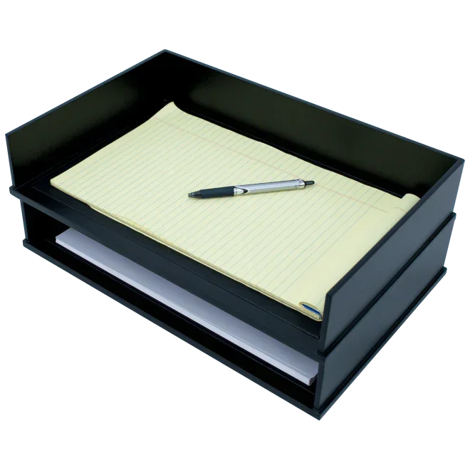 Black two-tier desk organizer with lined notepad and pen, ideal for office or school workspace organization