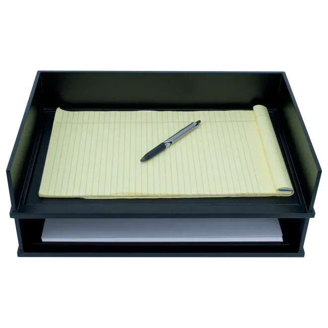 Black desk organizer with yellow legal pad and pen, ideal for office or school workspace organization