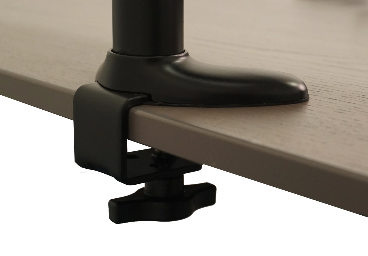 Black clamp-on desk mount with adjustable knob for workspace organization