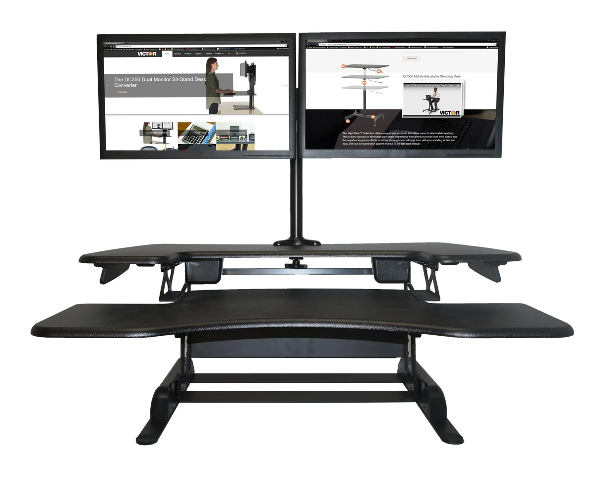 Dual monitor sit-stand desk converter with ergonomic workspace design for productivity