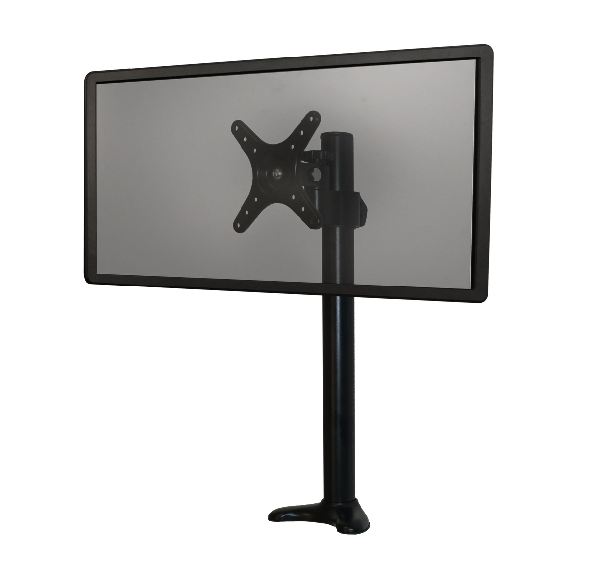 Black monitor stand with adjustable arm for ergonomic desk setup