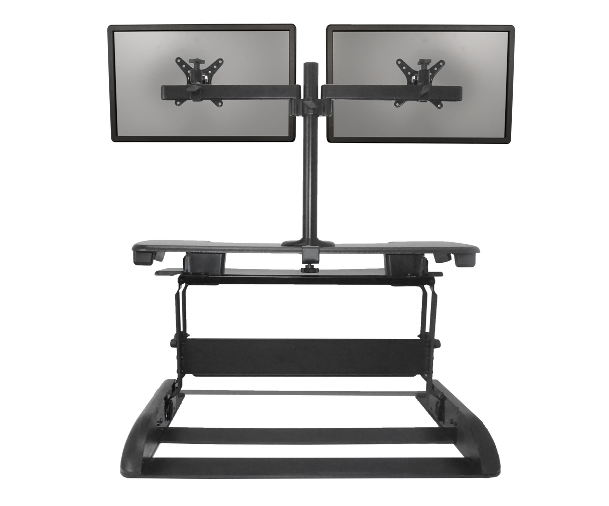 Dual monitor stand with adjustable arms and ergonomic desk setup for productivity