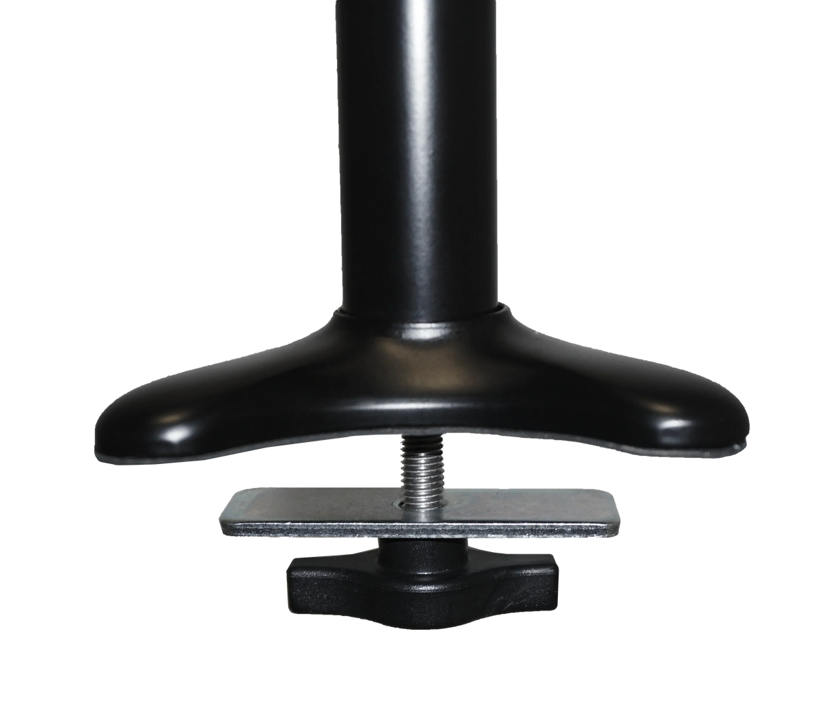 Black adjustable desk leg with metal clamp and knob for secure workspace setup