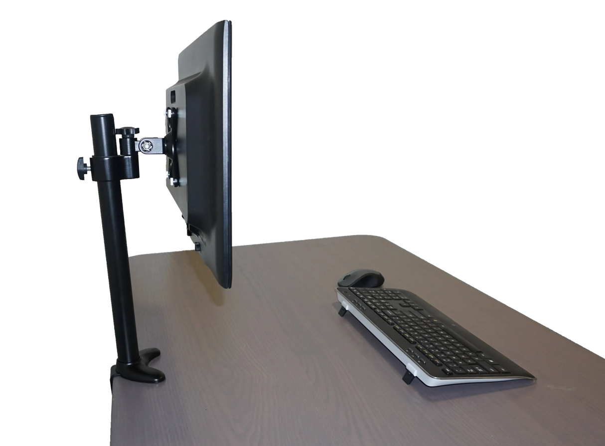 Ergonomic monitor mount with keyboard and mouse on desk for workspace productivity