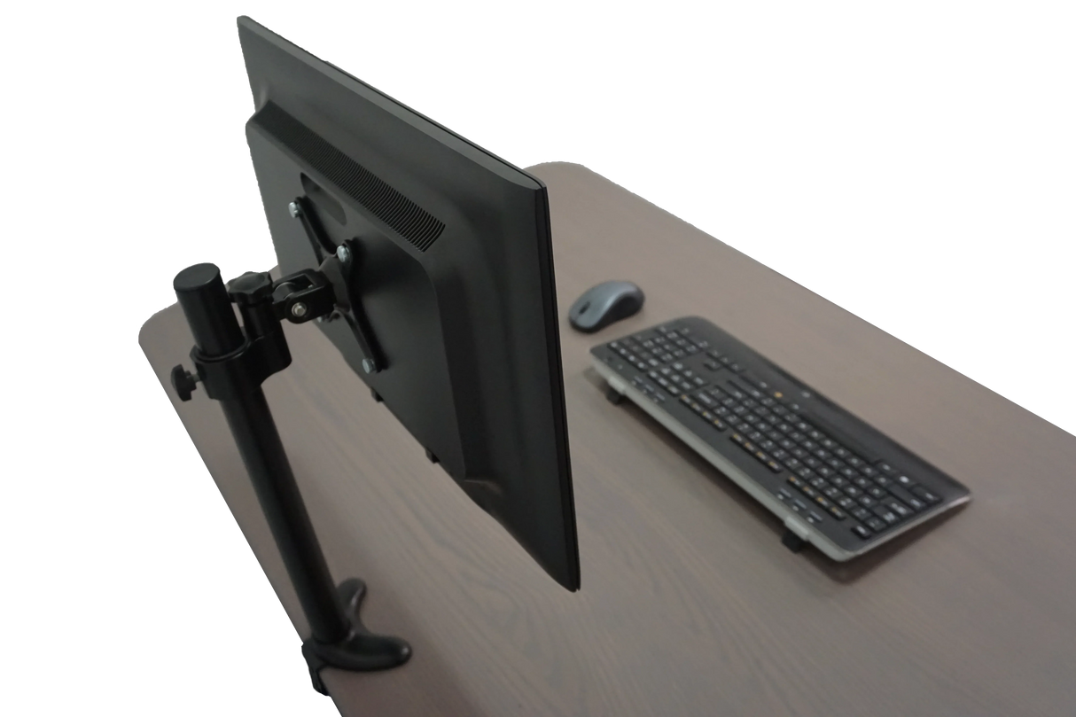 Adjustable monitor arm on desk with keyboard and mouse for ergonomic workspace setup