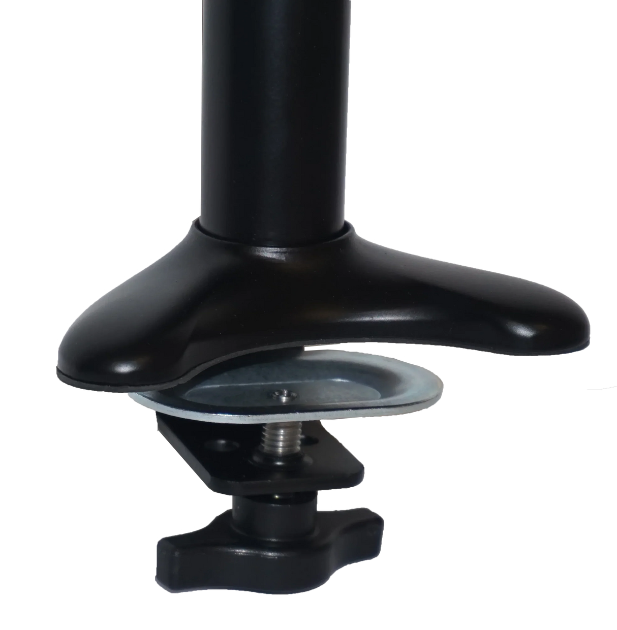 Black adjustable desk mount with clamp base for office workspace setup