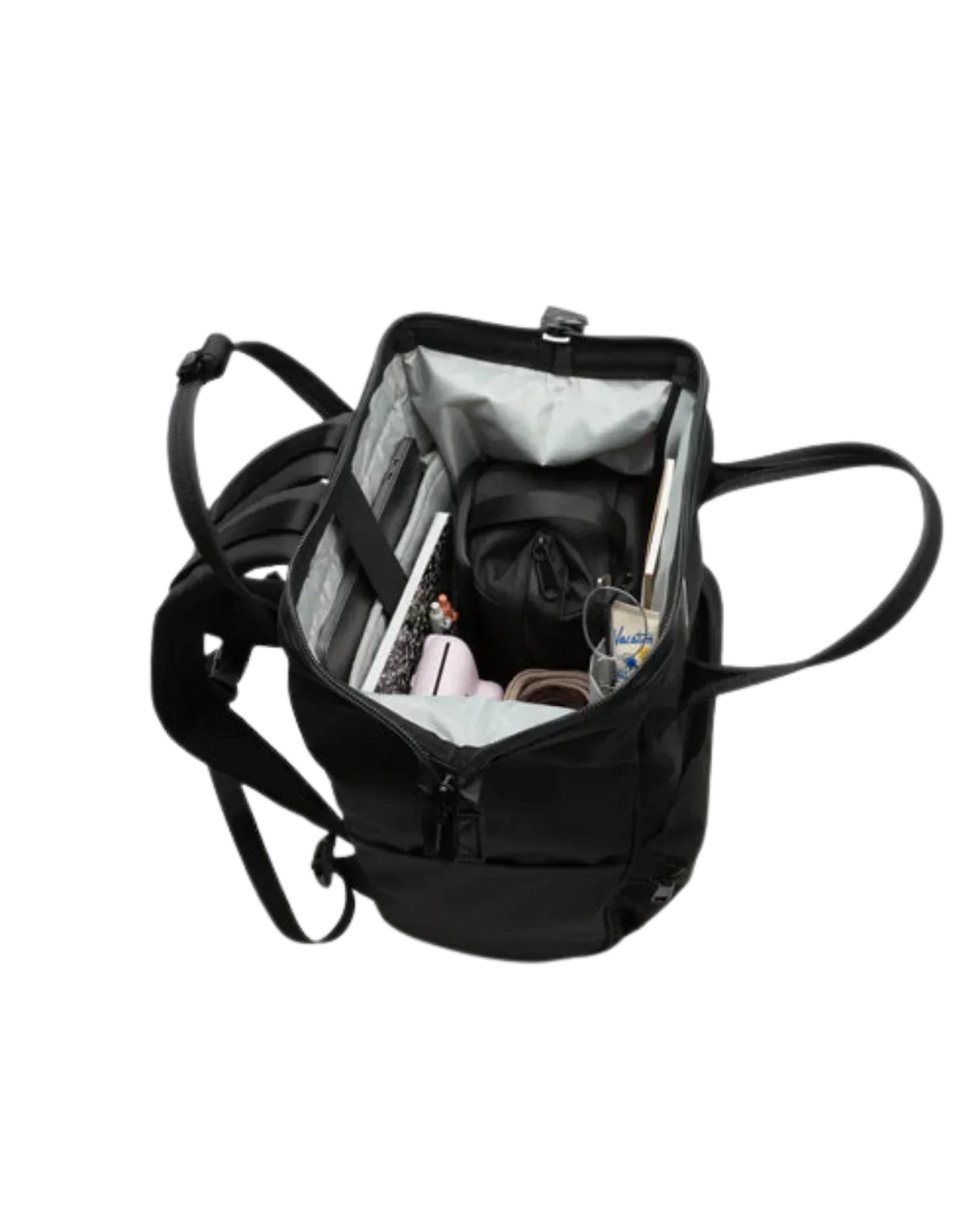 Black convertible backpack tote with organized interior, perfect for school or office essentials