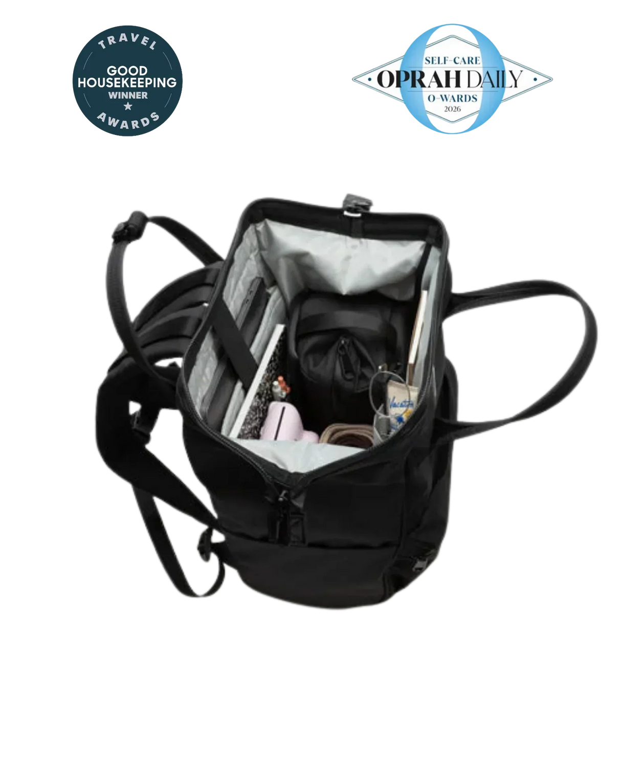 Black backpack with organized interior, holding notebooks and essentials, award-winning travel bag