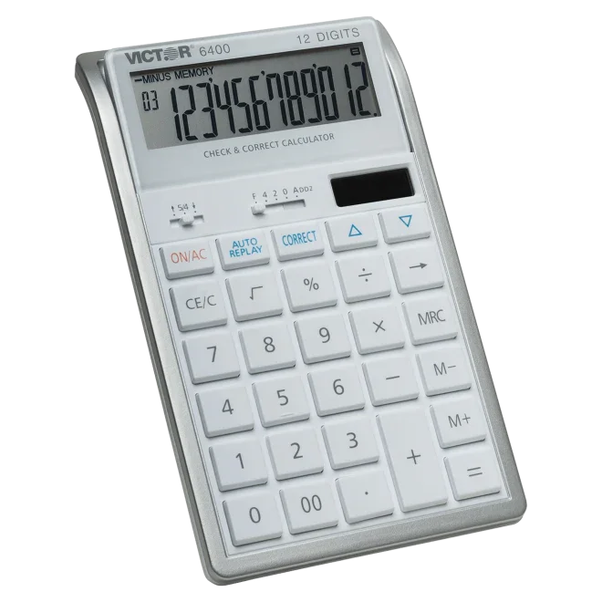 White 12-digit desktop calculator with large LCD display and check and correct function