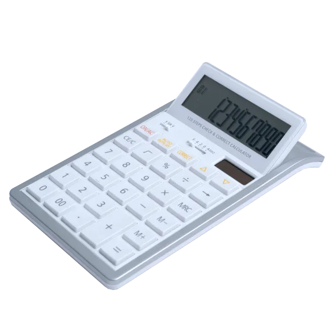 White desktop calculator with large angled display and solar panel on a white background