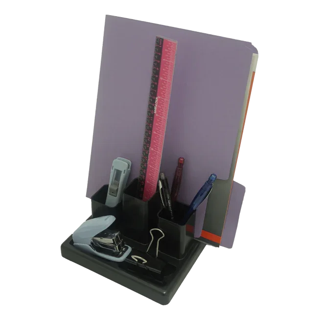 Black recycled desktop organizer holding pens, ruler, stapler, binder clip, folders