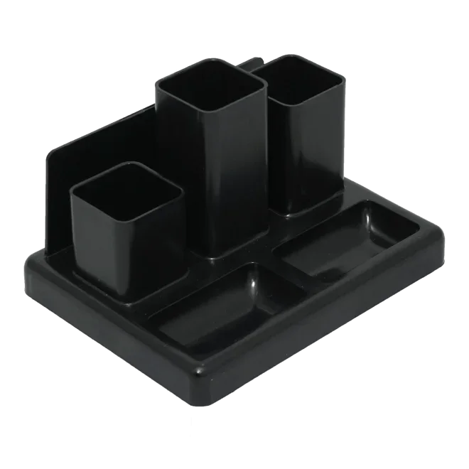 Black recycled plastic desktop organizer with multiple compartments for office supplies