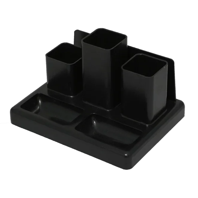 Black recycled desktop organizer with multiple compartments for office supplies