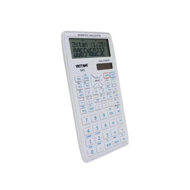 Scientific calculator with two-line display, white body, and blue keys, angled view.