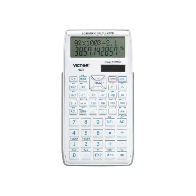 Scientific calculator with two-line display and dual power, showing math functions and buttons.