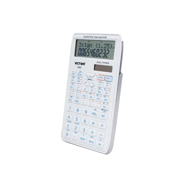 White scientific calculator with two-line display and dual power source