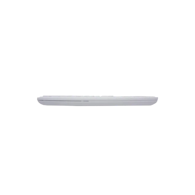 Side view of a slim scientific calculator with a two-line display against white background