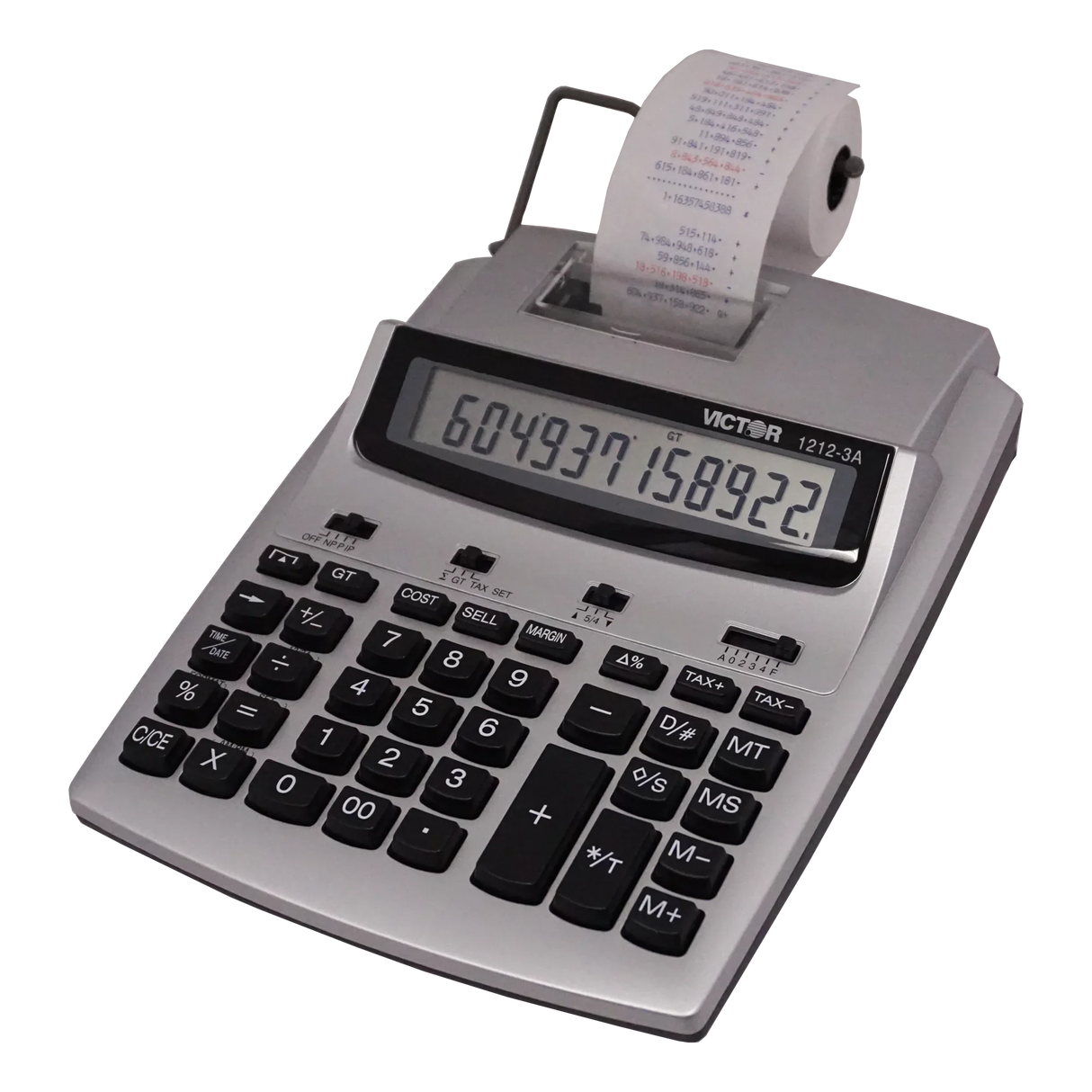 Silver printing calculator with paper roll, large 12-digit display, and office keypad