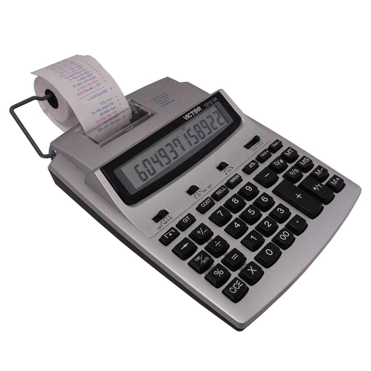 12-digit commercial printing calculator with paper roll, large display, and black buttons