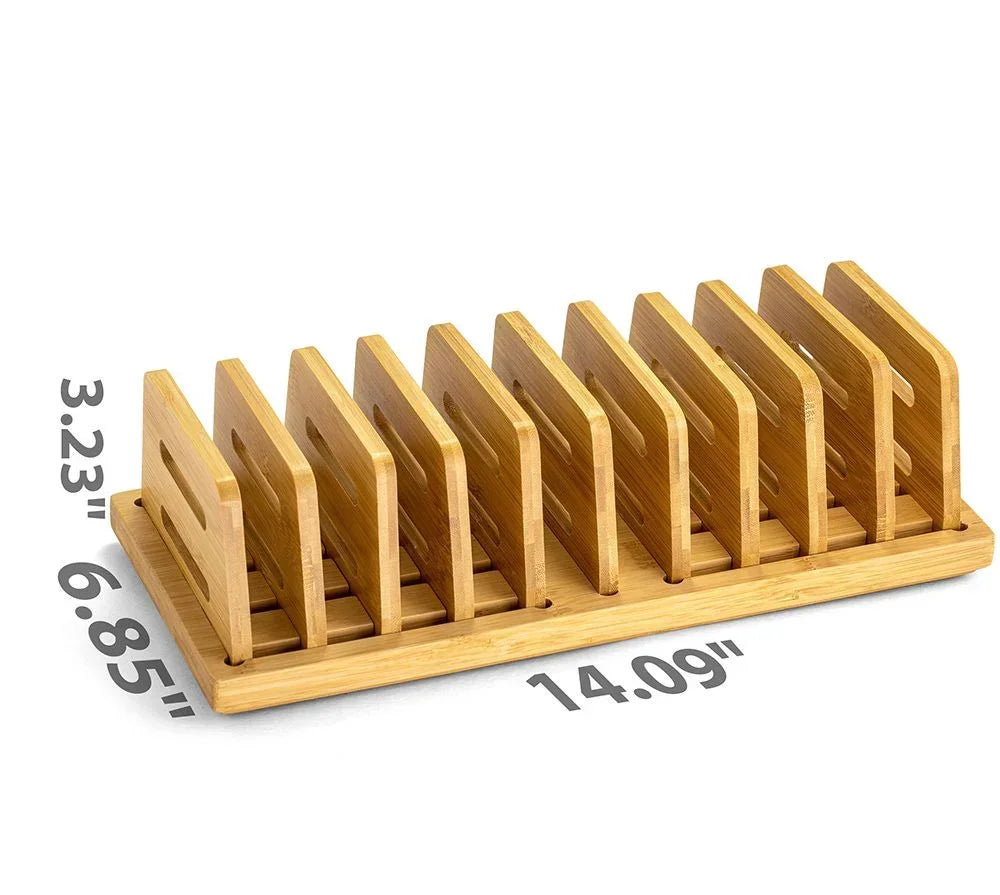 Bamboo desk organizer with slots for office supplies, ideal for workspace organization and productivity.