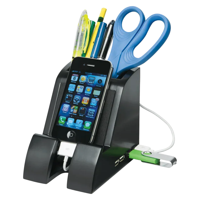 Black smart charge pencil cup with USB hub, holding pens, scissors, and charging a smartphone.