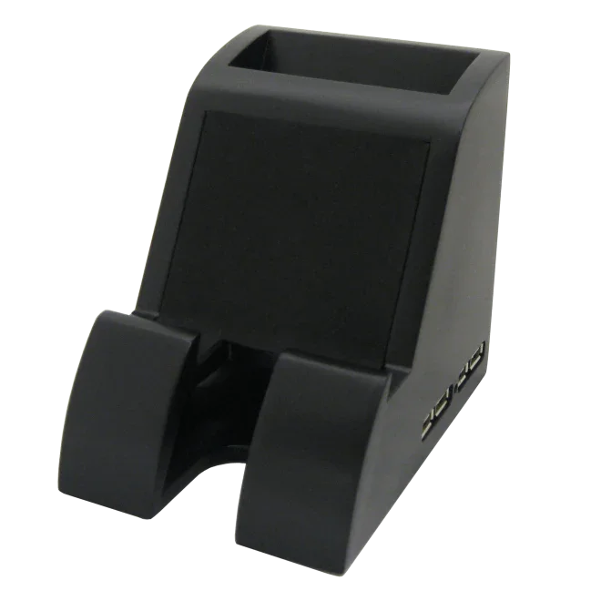 Black smart charge pencil cup organizer with USB ports on the side