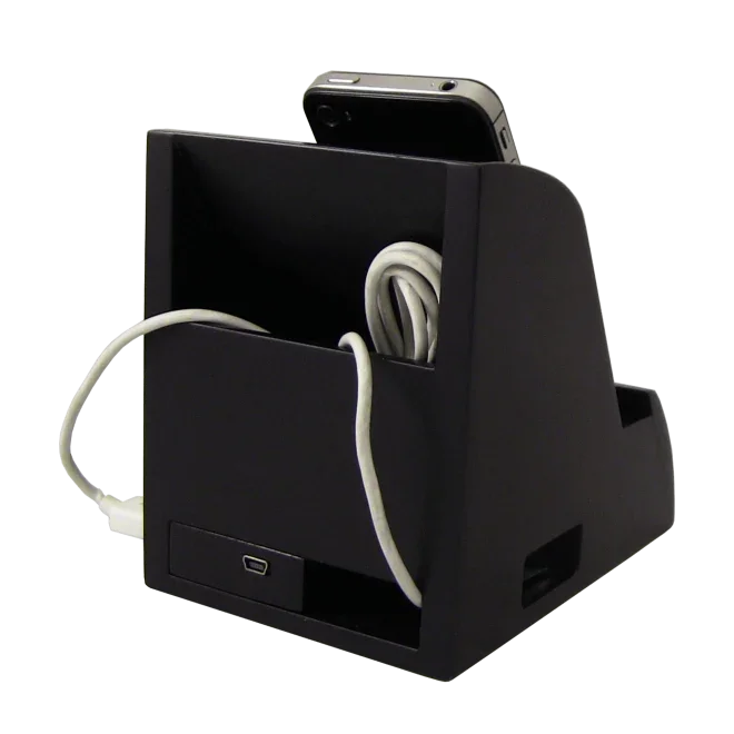 Black desk organizer with phone slot, USB charging port, and cable management compartments